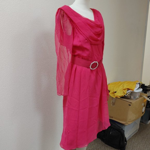NAH NAH COLLECTION BELTED PINK DRESS SIZE 12 WITH SHEER LONG SLEEVE - Picture 3 of 12